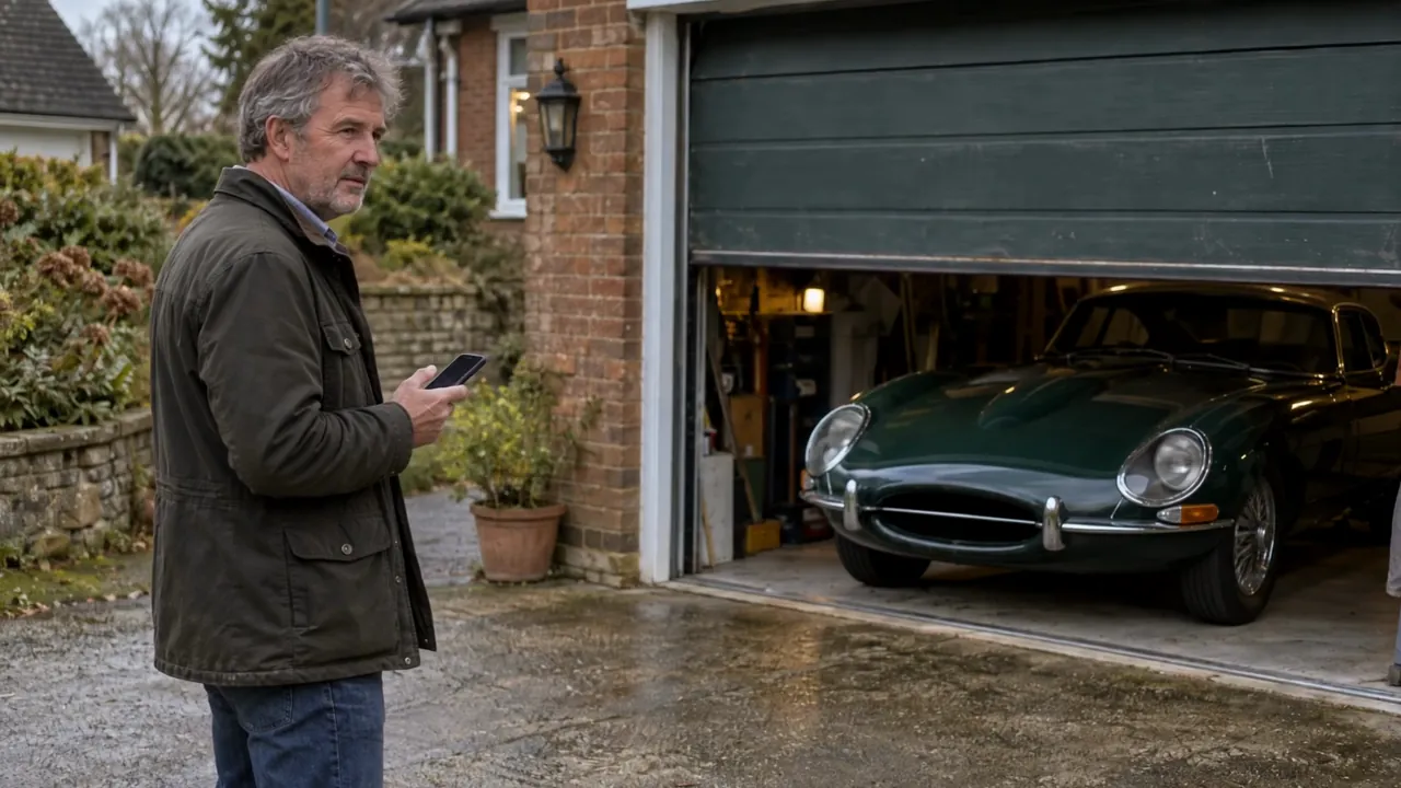 A man looks at his phone outside a garage where his green classic Jaguar E-Type is parked